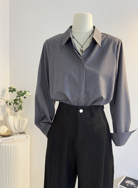 高级感灰色正肩长袖衬衫女2025秋冬休闲气质通勤衬衣职业正装上衣