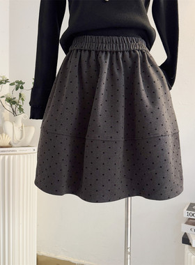 灰色波点毛呢花苞裙5分半身裙女2025秋冬韩系高腰a字裙蓬蓬短裙