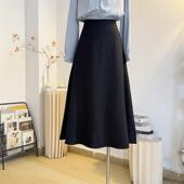黑色伞裙半身裙女中长款 长裙 春夏高腰A字大摆裙简约纯色气质西装