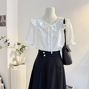 系带荷叶边娃娃领波点短袖衬衫女2025夏季法式减龄泡泡袖小衫通勤