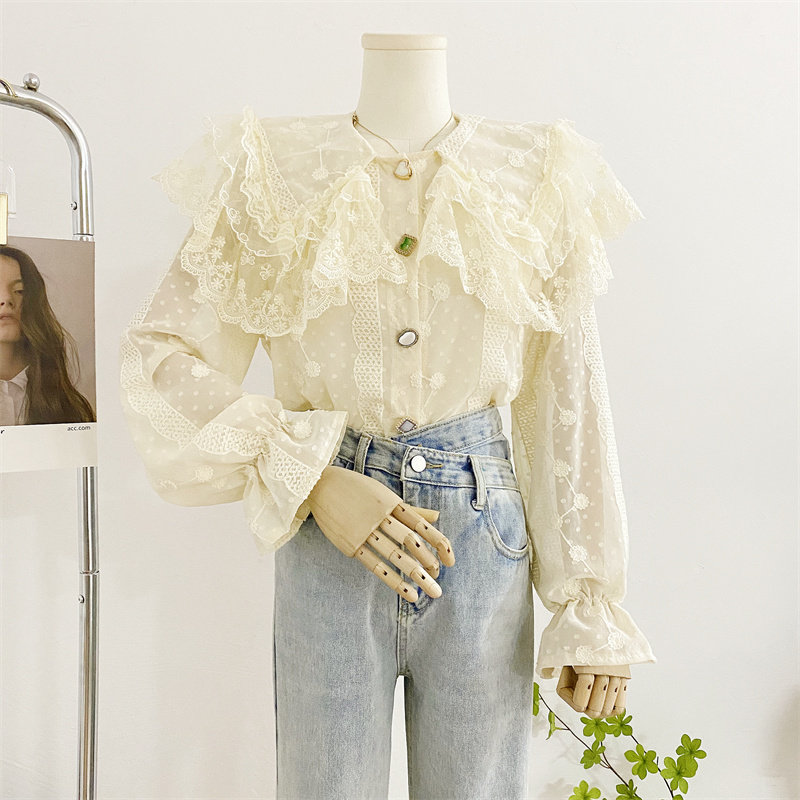 韩版超仙荷叶边娃娃领雪纺衫衬衫女设计感小众宽松甜美蕾丝衫上衣