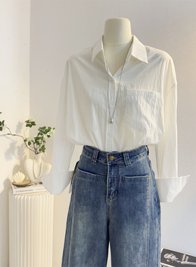 宽松慵懒风白色长袖衬衫女2025秋新款肌理感休闲百搭通勤衬衣叠穿