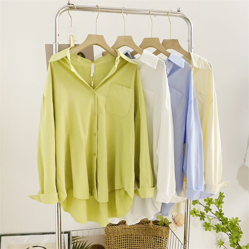 绿色衬衫女设计感小众宽松慵懒风长袖上衣休闲百搭纯色衬衣防晒春