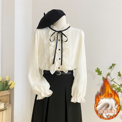 气质单排扣长袖蕾丝立领衬衫加绒