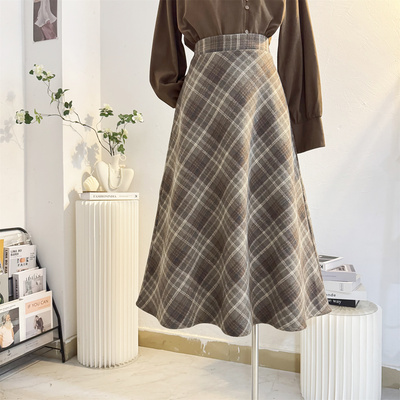 复古格子伞裙毛呢半身裙女中长款