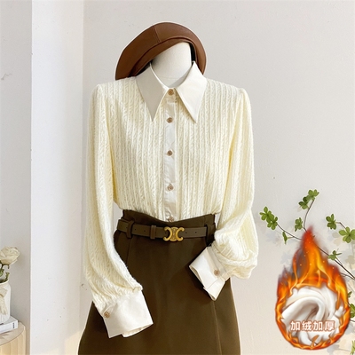 气质长袖蕾丝拼接衬衫女加绒翻领