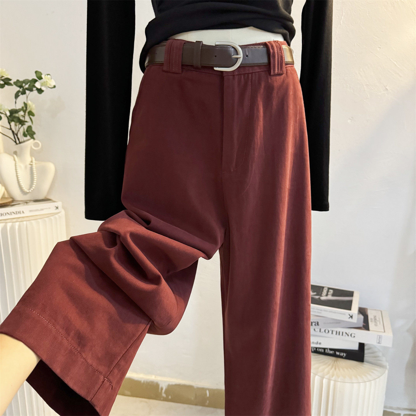 复古红色洗水棉九分阔腿裤女2025秋韩系高腰直筒宽松休闲裤小个子