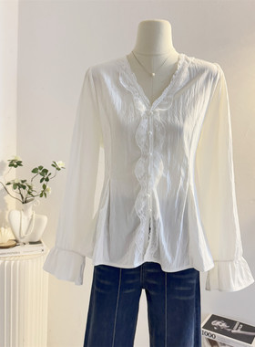 白色法式花边v领收腰长袖衬衫女2026春季设计感韩系气质小衫上衣