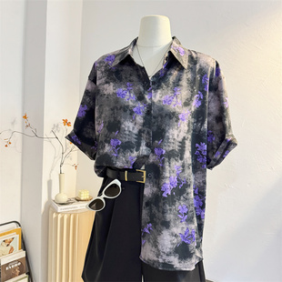 复古港风扎染衬衫女2025夏季新款宽松设计感小众印花短袖雪纺上衣