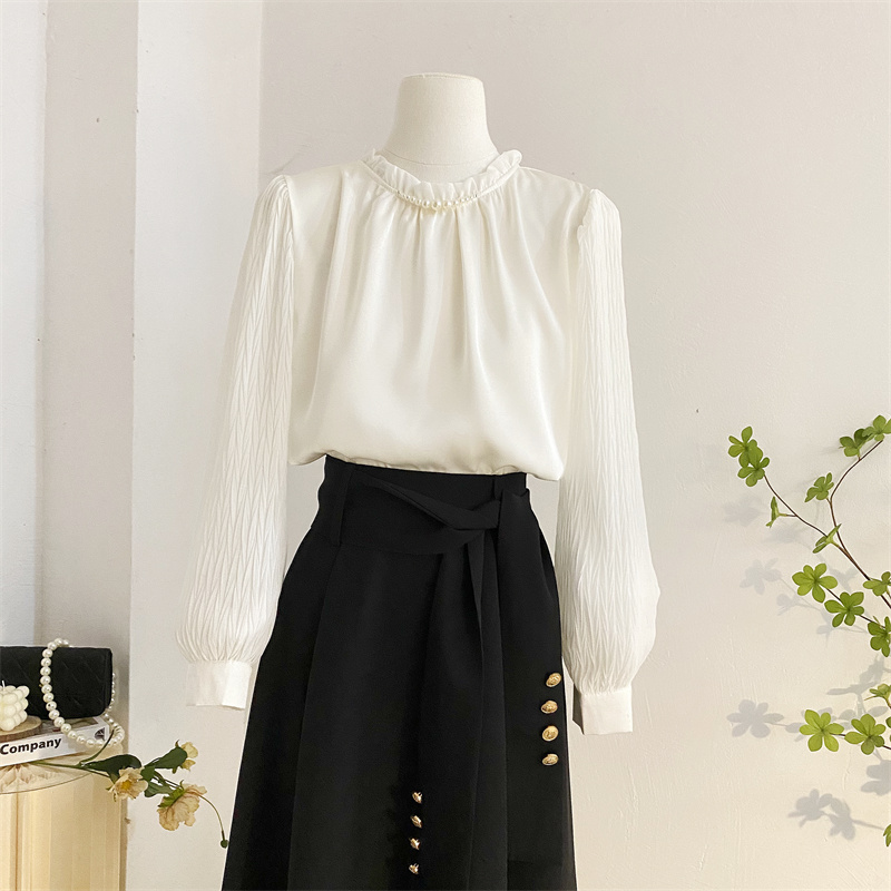 宽松气质长袖缎面立领灯笼袖衬衫