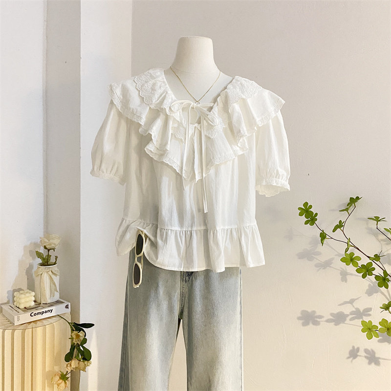 甜美蕾丝荷叶边泡泡袖衬衫女夏设计感小众宽松减龄短袖娃娃衫上衣