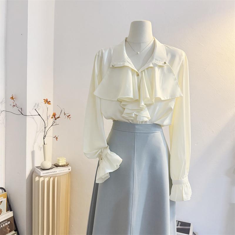 法式宫廷风翻领荷叶边长袖衬衫