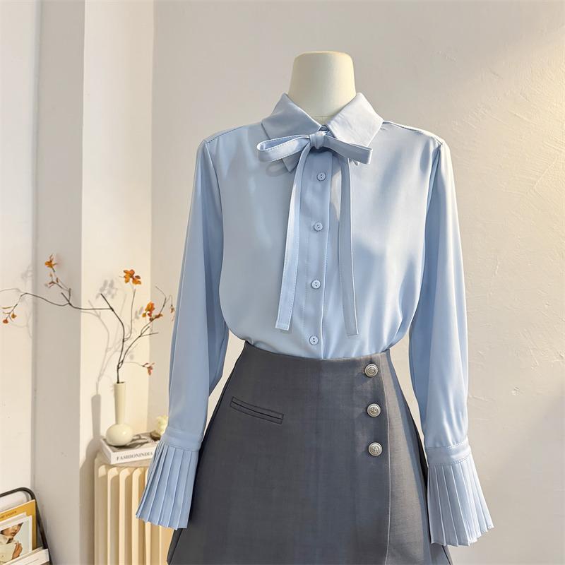 法式气质风琴喇叭长袖蝴蝶结衬衫