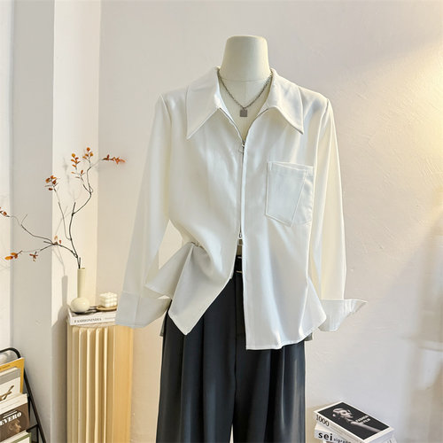 宽松设计感拉链长袖口袋衬衫叠穿