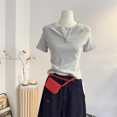 韩系V领短袖T恤女短款修身显瘦