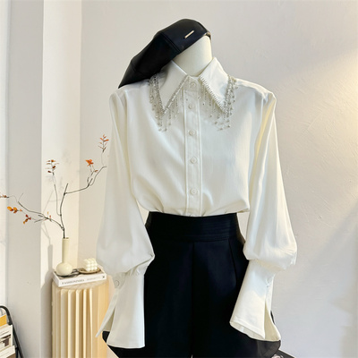 气质长袖流苏钉珠衬衫喇叭袖尖领