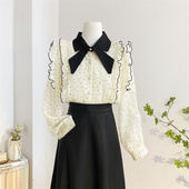 女秋设计感减龄洋气波点雪纺衫 衬衫 荷叶边上衣 别致娃娃领长袖 法式