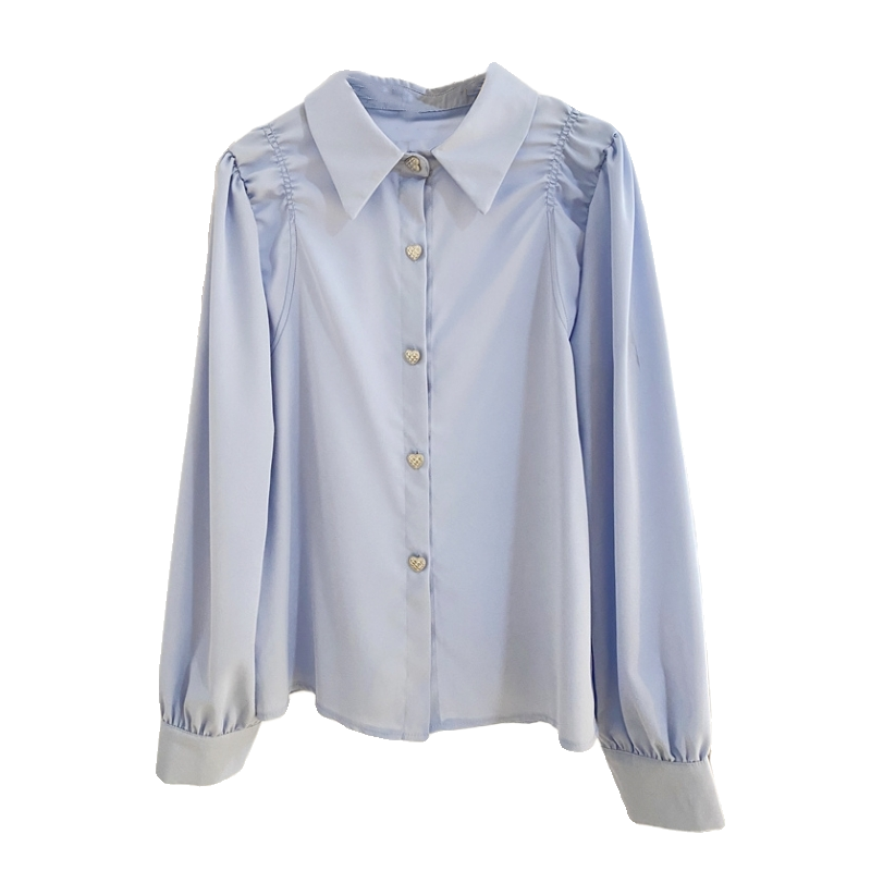 法式别致爱心扣翻领雪纺衬衫女长袖2025春褶皱设计感洋气小衫上衣