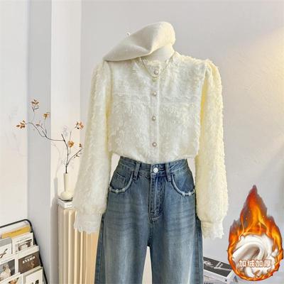 法式长袖蕾丝植绒衬衫女加绒立领