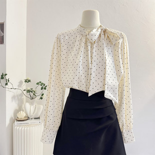 2026春设计感气质飘带衬衣缎面上衣 女长袖 法式 立领蝴蝶结波点衬衫