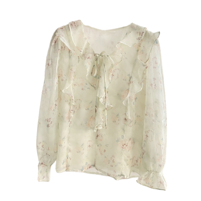 法式碎花雪纺衫长袖衬衫女秋季设计感减龄气质系带荷叶边小衫上衣