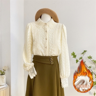 法式复古翻领蕾丝衬衫女秋冬加绒加厚减龄气质内搭打底小衫上衣杏