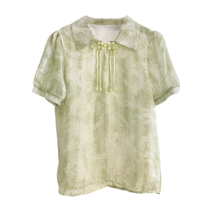 新中式翻领钉珠流苏盘扣扎染雪纺衫女夏减龄泡泡短袖衬衫国风上衣