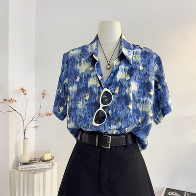 宽松港风扎染印花短袖雪纺衬衫女