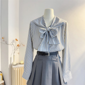 上衣 女2025春绑带蝴蝶结设计感减龄小个子长袖 法式 海军领条纹衬衫