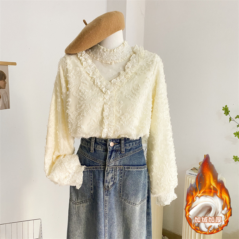 气质半高领加绒加厚蕾丝雪纺衫