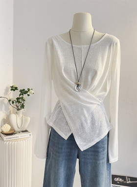 白色圆领长袖t恤女2025秋季设计感小众交叉收腰显瘦薄款罩衫上衣