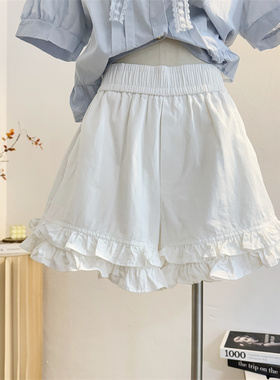 白色木耳边休闲短裤女2025夏季新款松紧腰花苞裤韩系短裙裤小个子