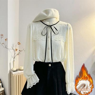 甜美长袖蕾丝系带衬衫女加绒加厚