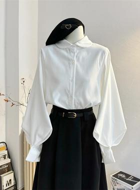 白色polo娃娃领磨毛衬衫女2024秋冬复古宽松显瘦韩系灯笼袖上衣厚
