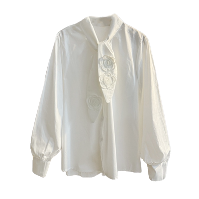 宽松气质排扣长袖蝴蝶结衬衫绣花