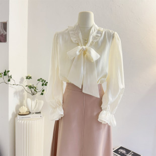 设计感减龄洋气小衫 法式 2026春季 女长袖 上衣 温柔风系带蝴蝶结衬衫
