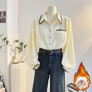 花边翻领加绒蕾丝长袖衬衫女2025秋冬季加厚保暖内搭打底小衫上衣