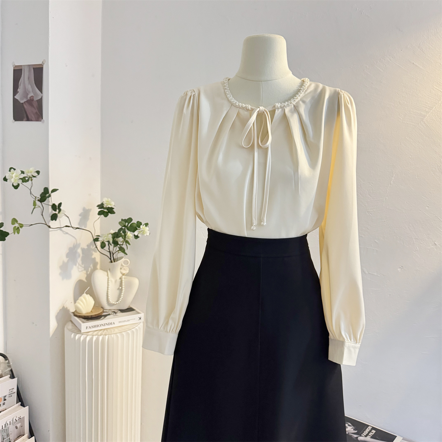 宽松法式系带钉珠缎面长袖衬衫女