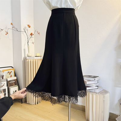 中长款黑色鱼尾裙蕾丝拼接半身裙