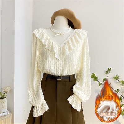 宽松甜美长袖蕾丝荷叶边衬衫加绒