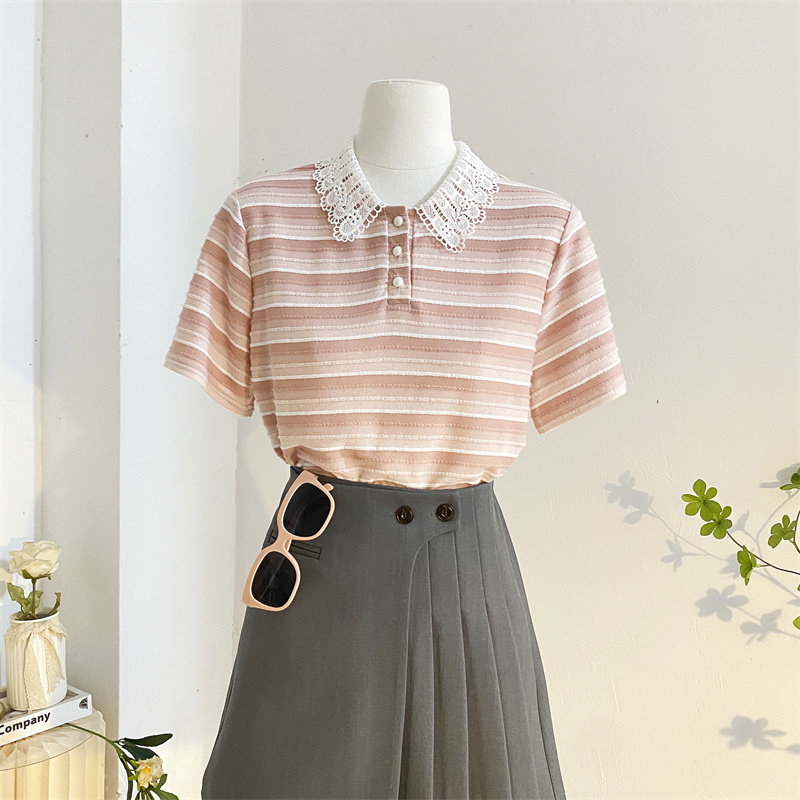 蕾丝娃娃领条纹短袖T恤女夏宽松减龄学生百搭POLO衫半袖体恤上衣