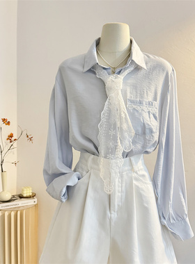 蕾丝丝巾领带长袖衬衫女2025春设计感宽松浅蓝色衬衣减龄韩系上衣