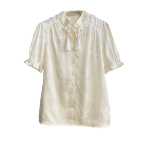 新中式立领钉珠流苏盘扣短袖衬衫女夏缎面提花复古轻国风小衫上衣