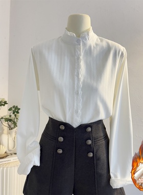 木耳花边立领白色长袖衬衫女2025秋冬季加绒加厚法式内搭打底衬衣