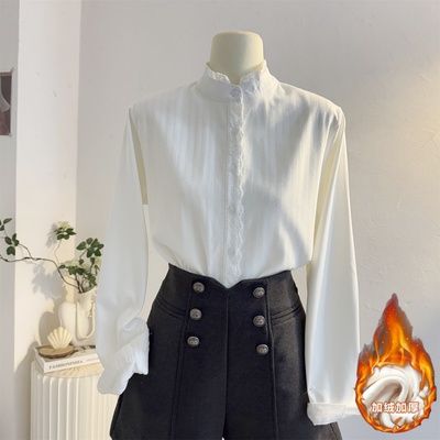 加绒加厚法式立领白色长袖衬衫女
