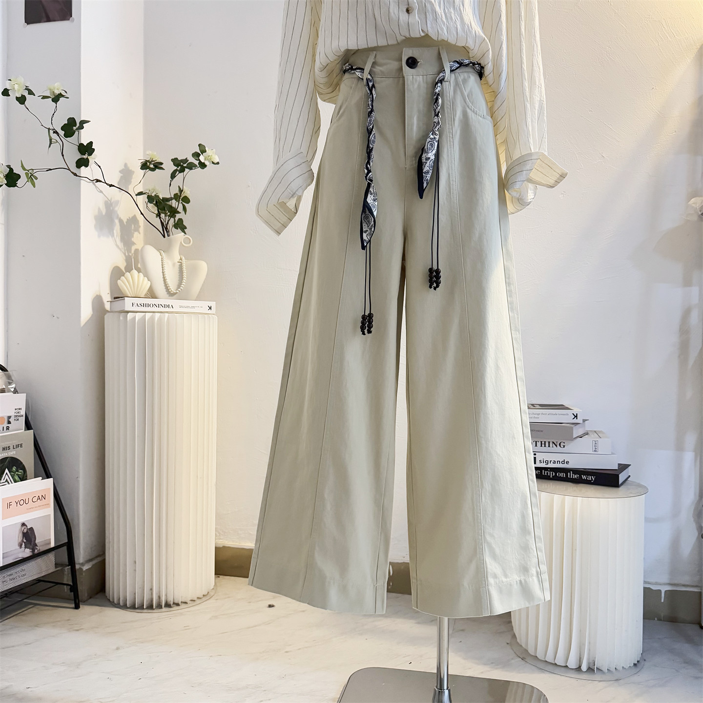 丝巾腰带设计感阔腿裤女2025秋季高腰直筒宽松休闲裤显瘦韩系裤子