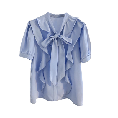 宽松气质排扣短袖雪纺蝴蝶结衬衫