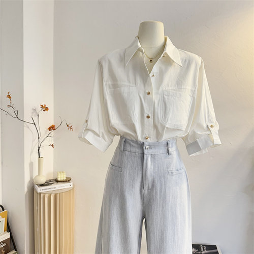 法式宽松休闲双口袋短袖衬衫女