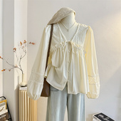 设计感宽松洋气娃娃衫 法式 女春季 衬衫 上衣 别致系带花边V领灯笼袖