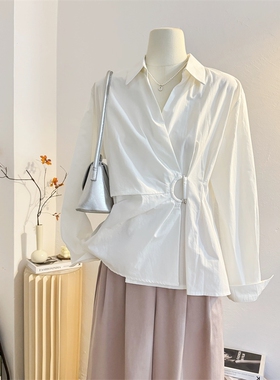 小众设计感收腰白色长袖衬衫女2025春季法式通勤衬衣气质小衫上衣